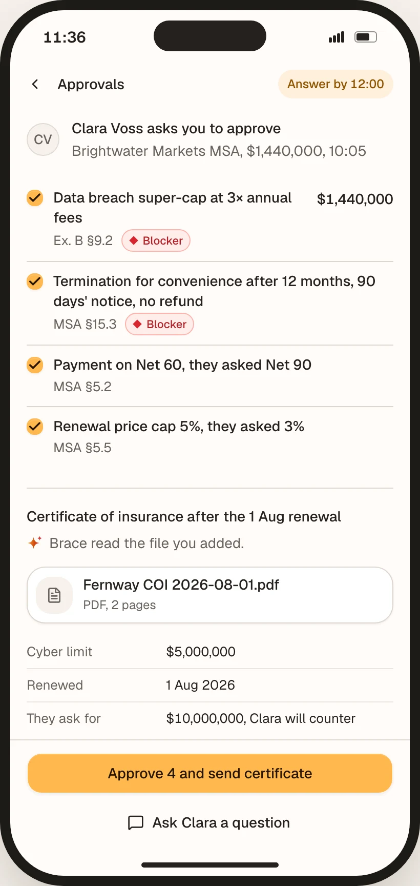Rachel's phone on Monday at 11:36: four exceptions from Clara and the insurance certificate Brace read