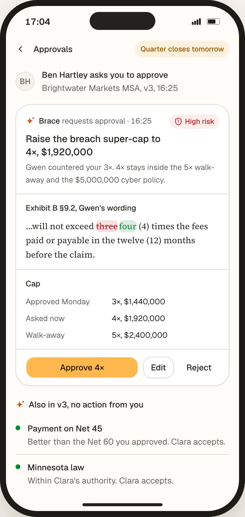 Rachel's phone on Tuesday at 17:04: one approval to raise the breach cap to 4x, with Gwen's wording and the walk-away