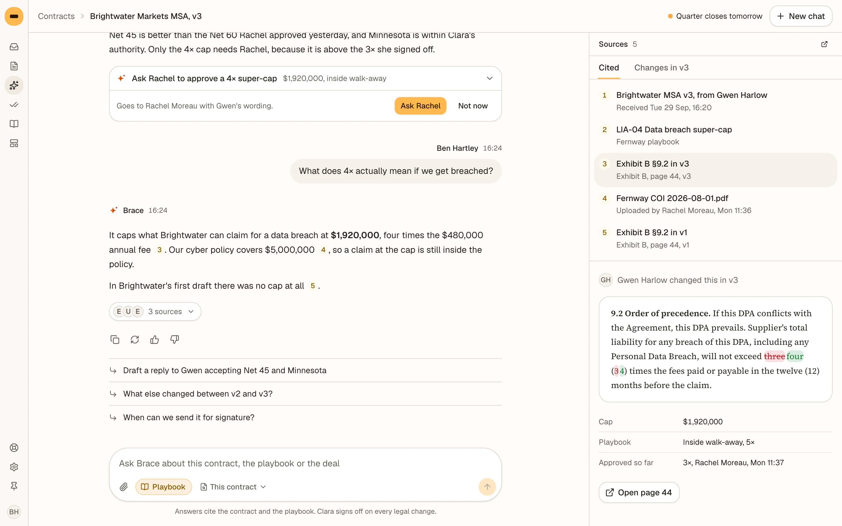 Ben asks Brace what a 4x cap means if Fernway is breached, and gets $1,920,000 inside a $5,000,000 cyber policy, with the cited clauses beside the chat