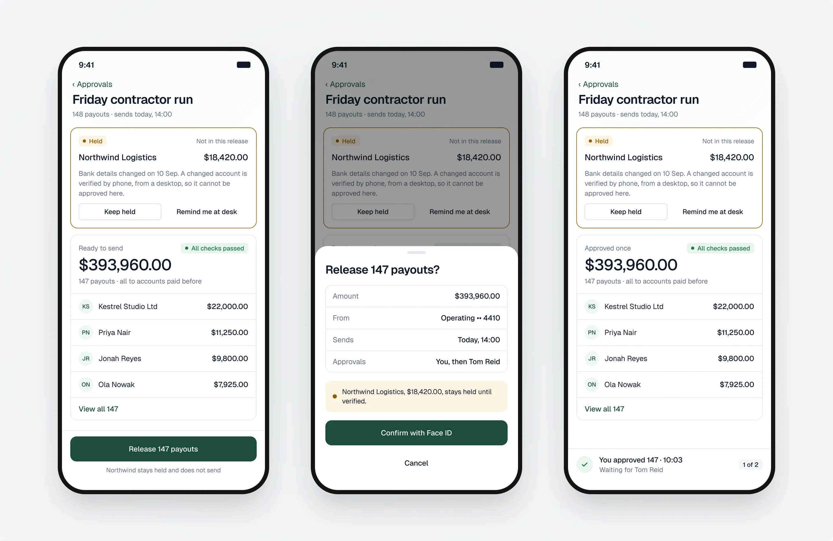 Three mobile screens: the run, the Face ID confirmation, and the approved state