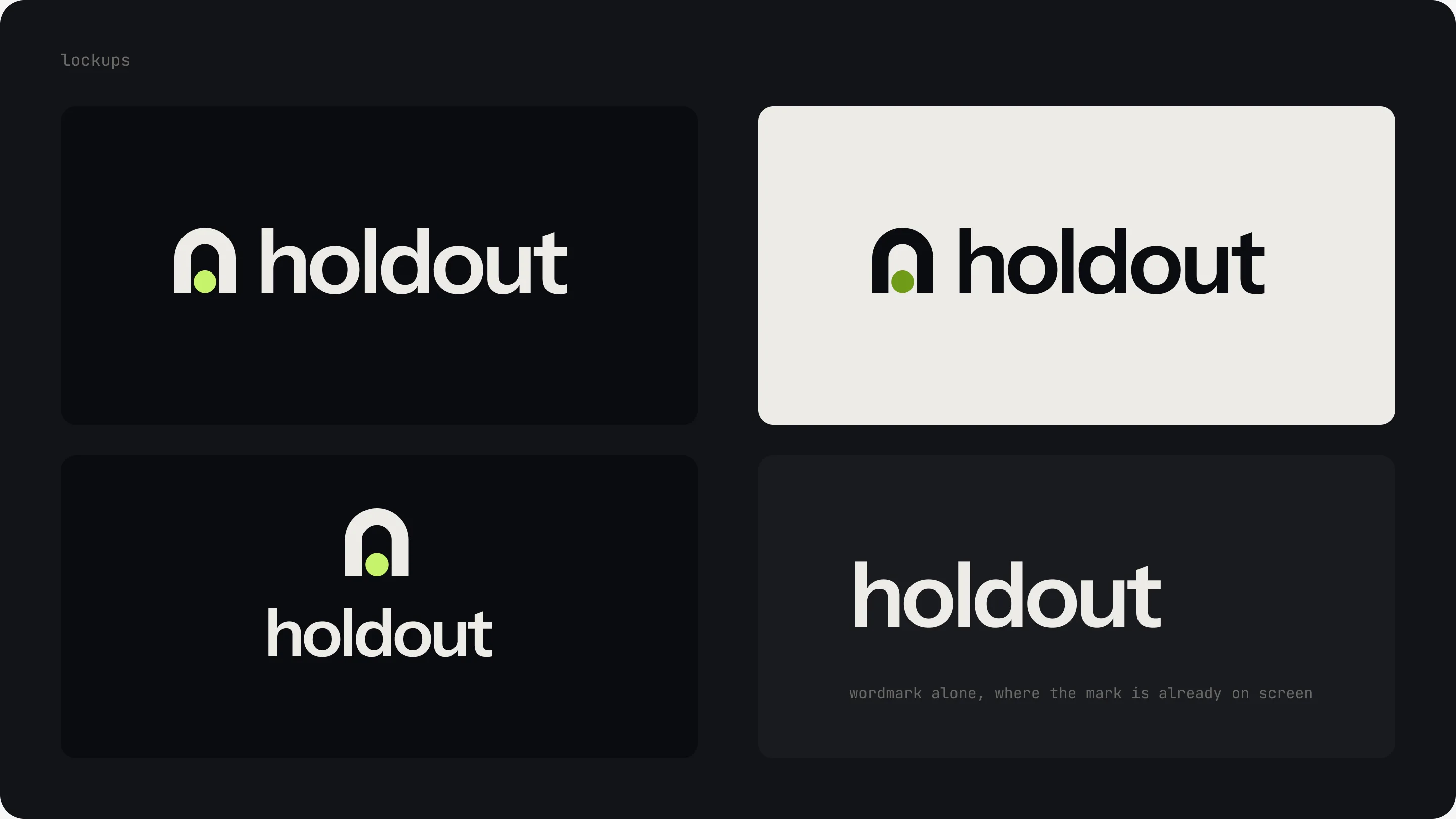 Holdout lockups on dark and light, stacked, and the wordmark alone