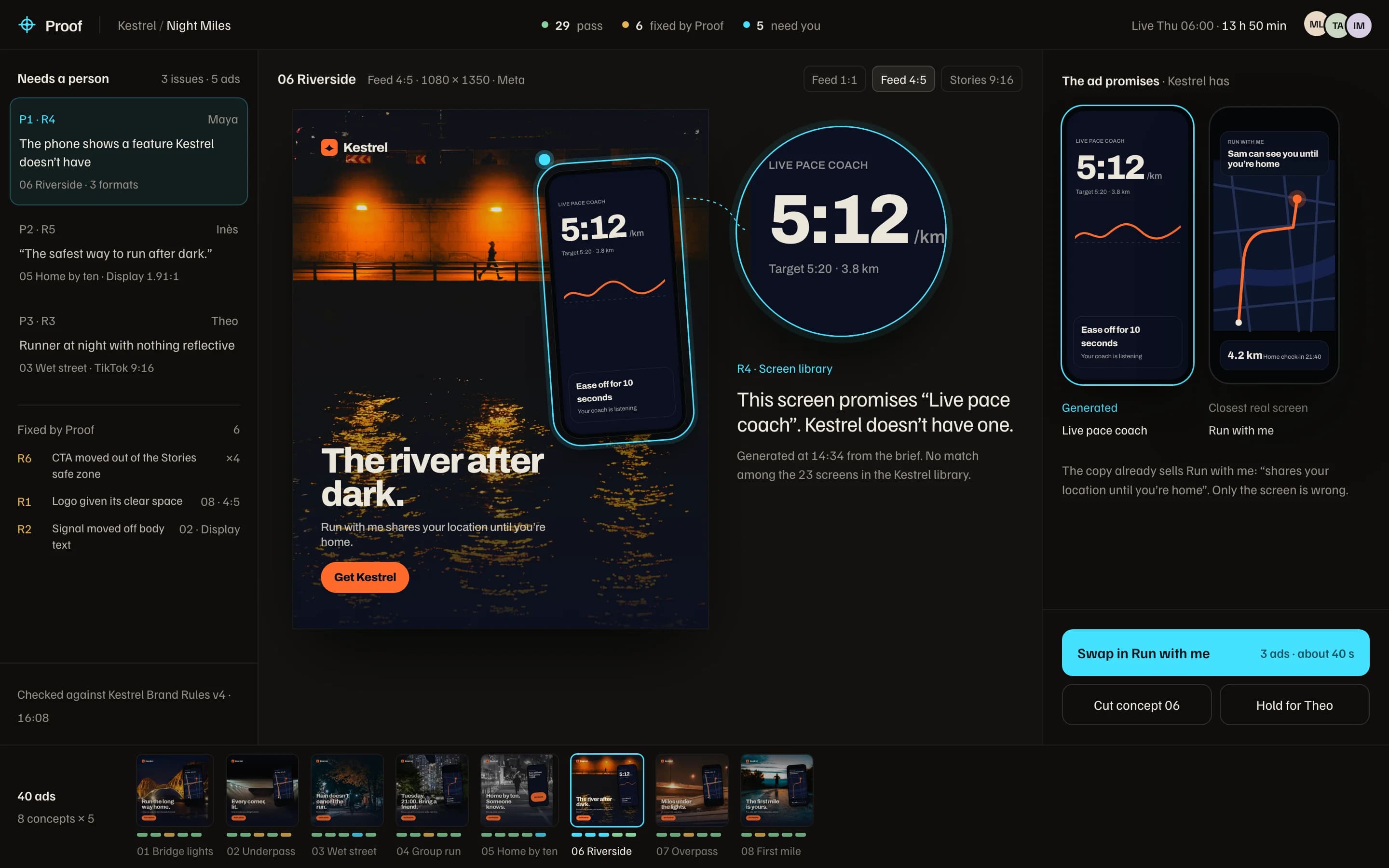 Proof's review of the Riverside ad: the phone ringed in cyan, a loupe over a screen that says Live pace coach, and Kestrel's real Run with me screen beside it