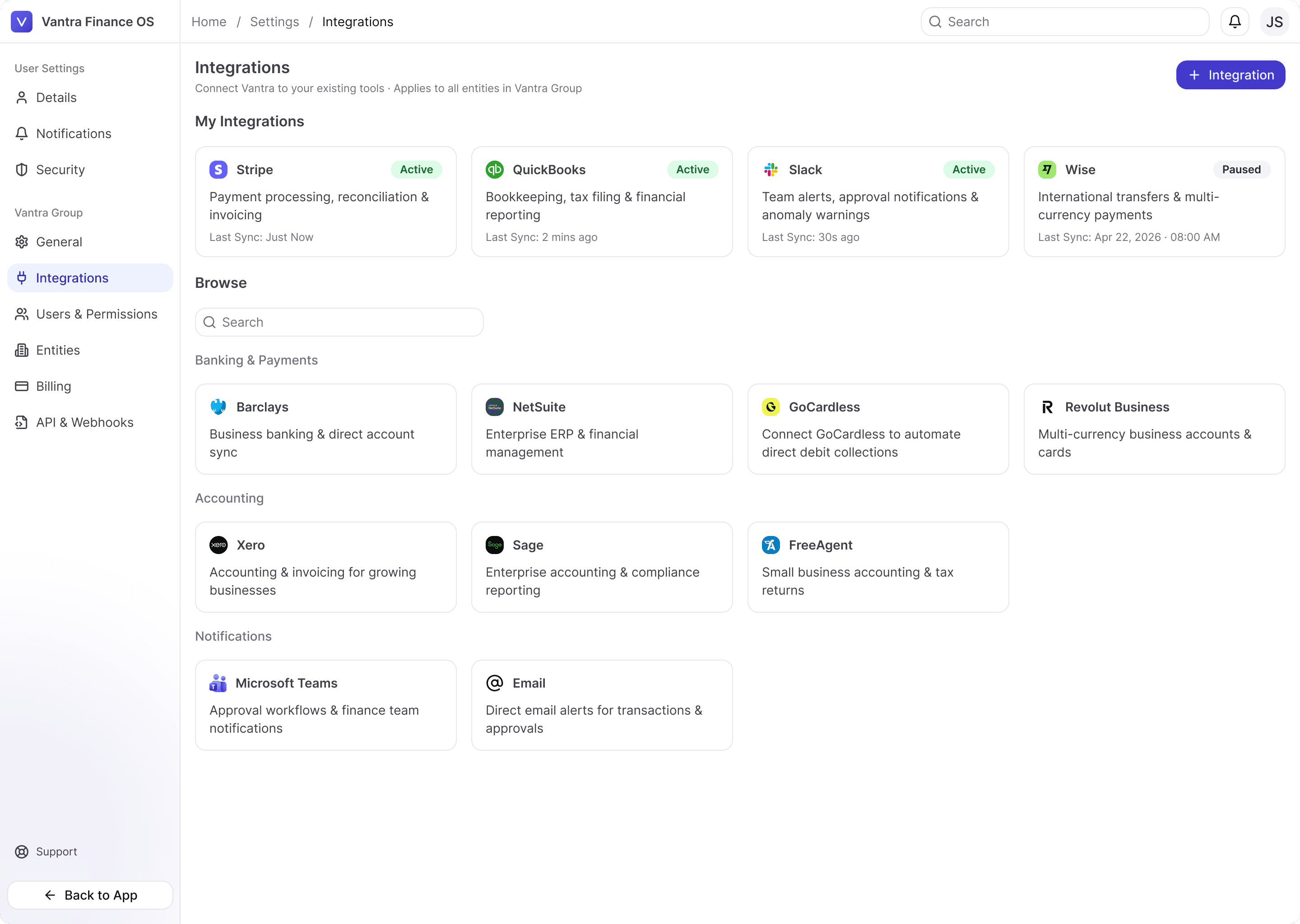 Integrations settings page