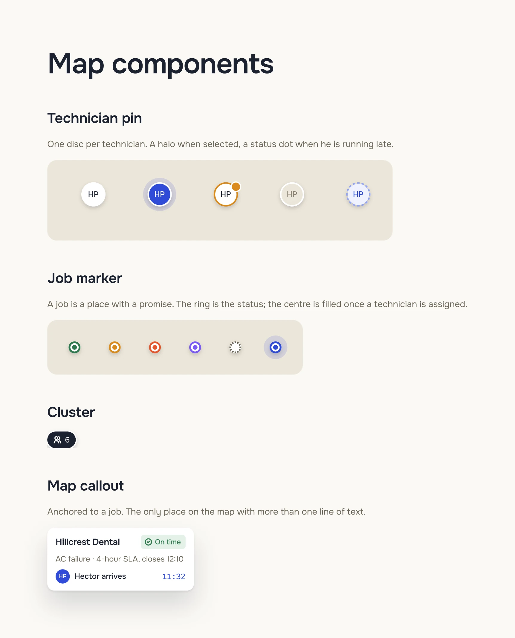 Map components: technician pin with its trail, job markers by status, cluster and map callout