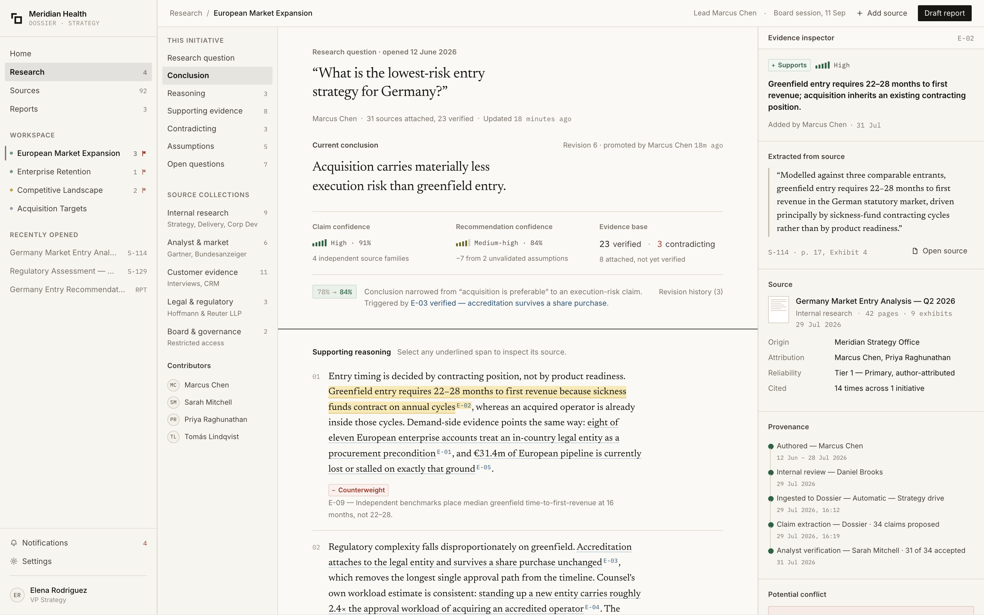 Dossier research workspace, showing a conclusion beside the evidence supporting it