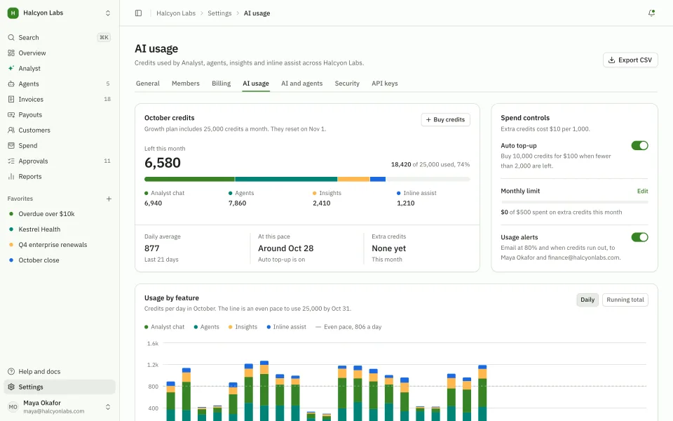 AI usage and billing screen from Prodular UI