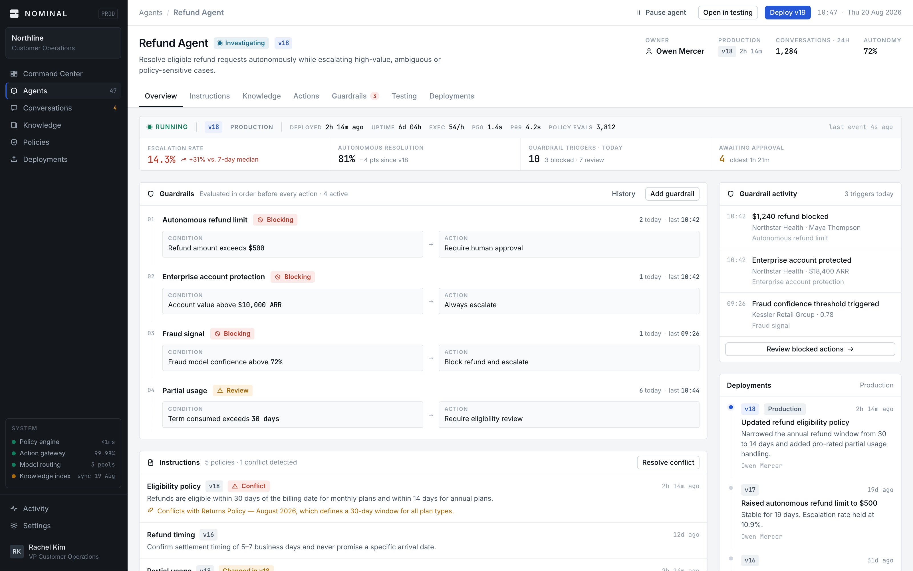 Nominal agent detail: runtime health, guardrails, instructions and deployment history on one screen