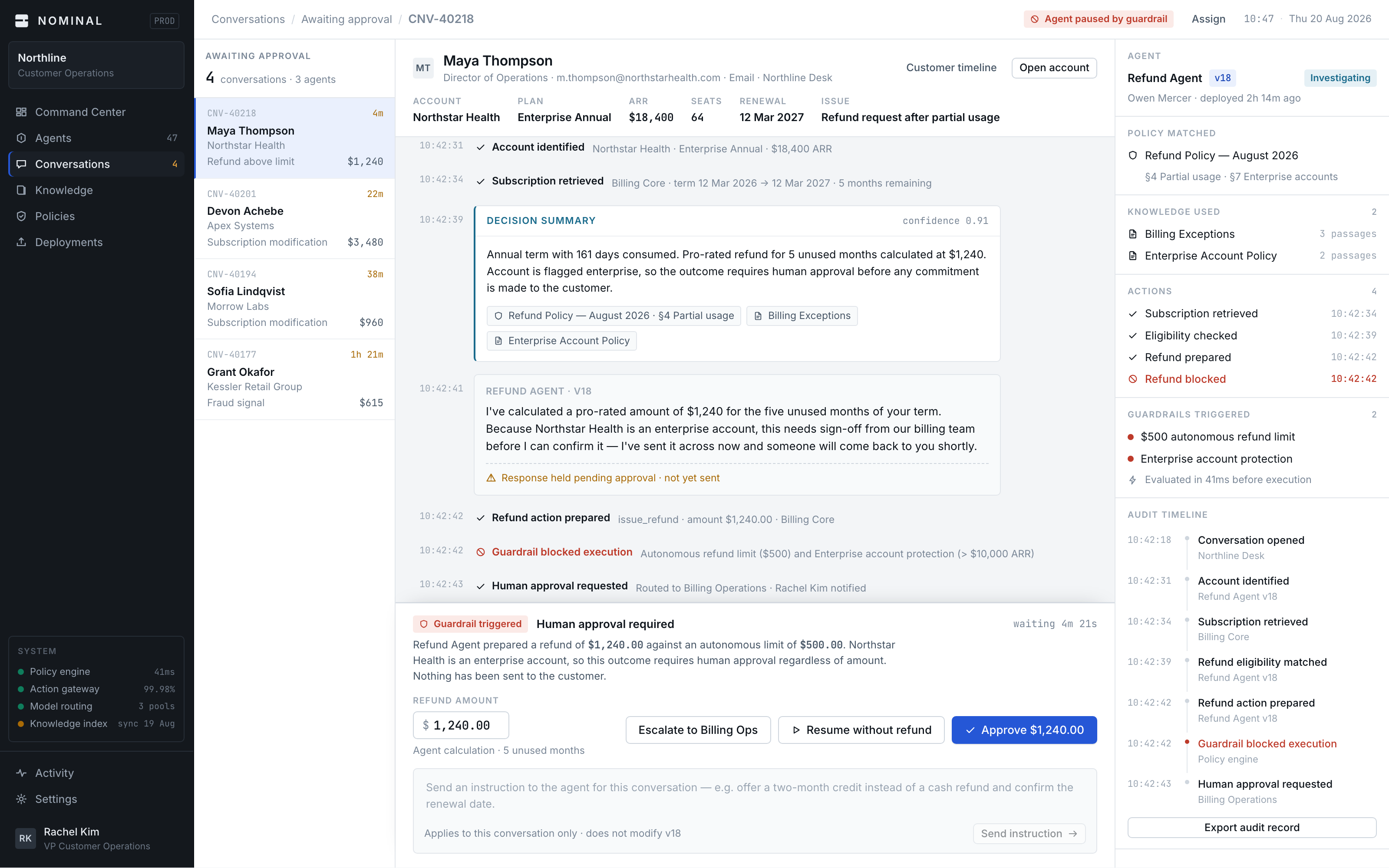 Nominal conversation inspector: matched policy, knowledge used, actions, guardrails triggered and the full audit timeline