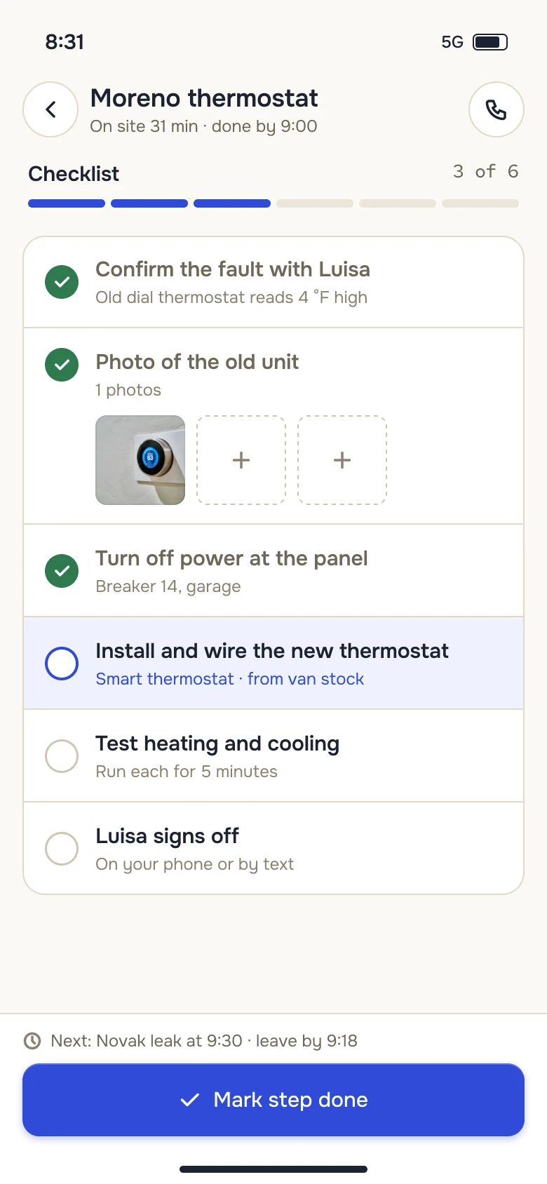 Technician phone: on-site checklist with photos of the old unit